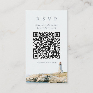 Slate Navy Script Lighthouse Wedding QR RSVP Card