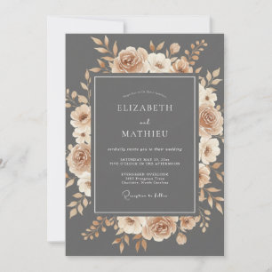 Slate Peach Floral Romance Wedding Invitation