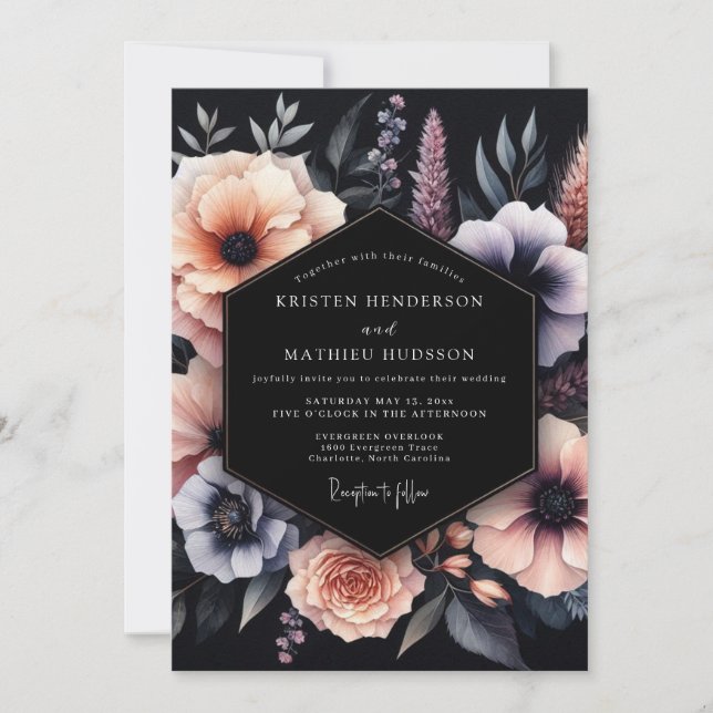 Slate Peach Nocturnal Bloom Wedding Invitation (Front)