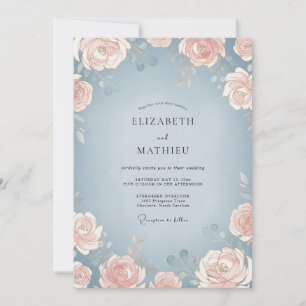 Slate Peach Peony Wedding Invitation