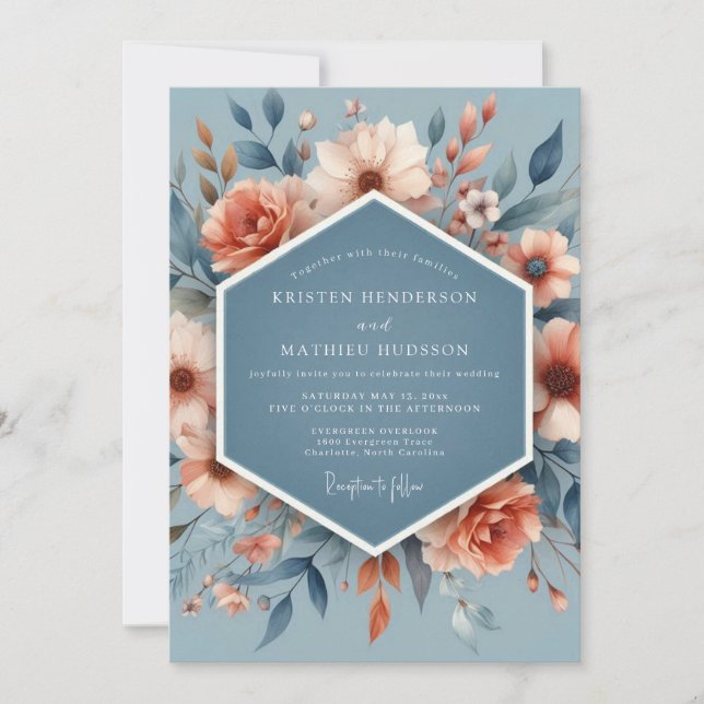 Slate Peach Poetic Flora Wedding Invitation (Front)