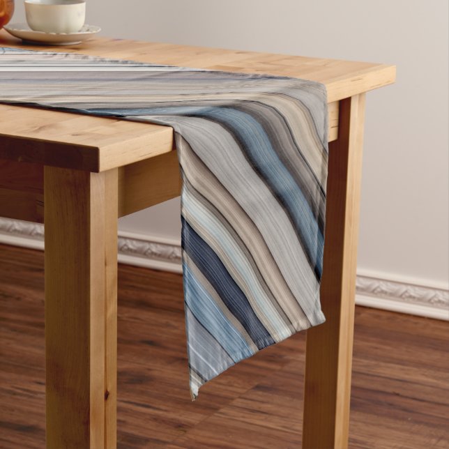 Slate Pebbles Blue and Brown Stripe Short Table Runner (In Situ)