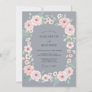 Slate Petal Pink Rose Wedding Invitation