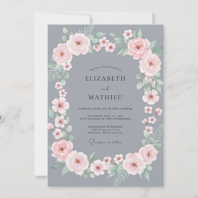 Slate Petal Pink Rose Wedding Invitation (Front)