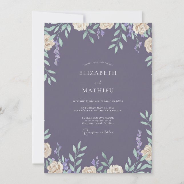 Slate Plum Leafy Wedding Invitation (Front)