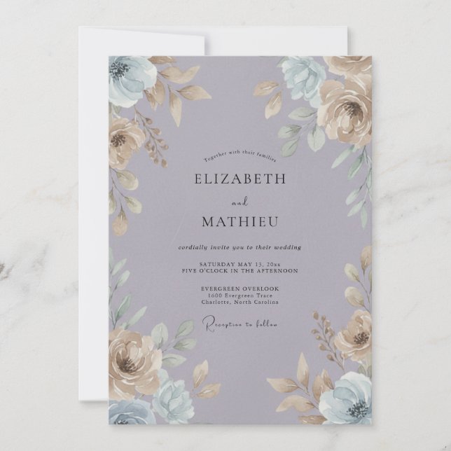 Slate Purple Ranunculus Eucalyptus Wedding Invitation (Front)