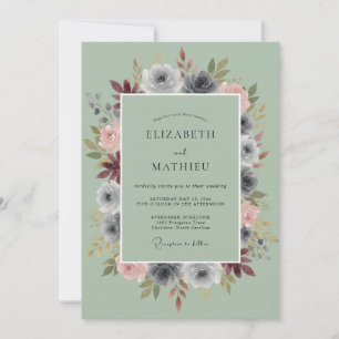 Slate Rose Blush Wreath Wedding Invitation