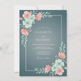 Slate Salmon Ranunculus Eucalyptus Wedding Invitation