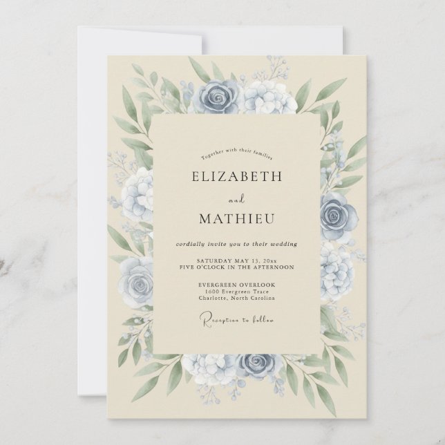 Slate Soft Champagne Peony Wedding Invitation (Front)