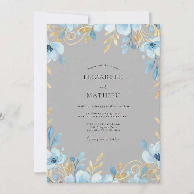 Slate Soft Gold Leafy Wedding Invitation (Front)