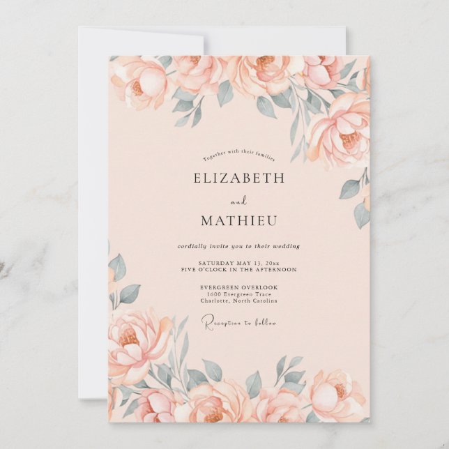 Slate Soft Peach Petal Wedding Invitation (Front)