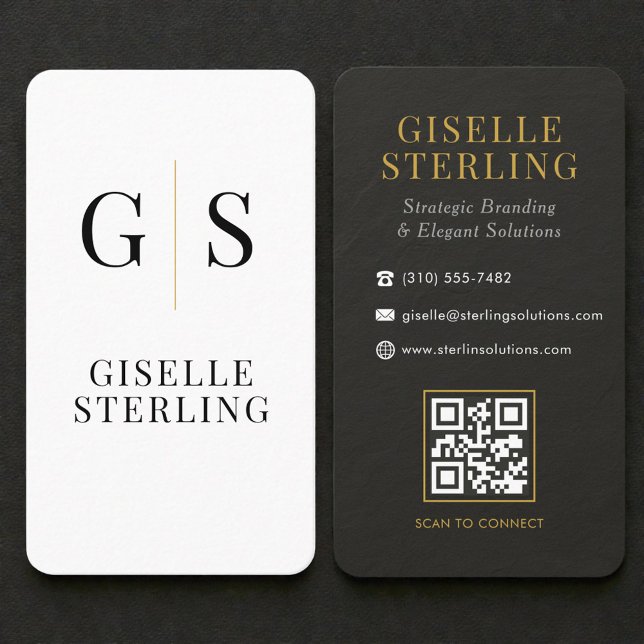 Slate Stone Black White Gold Monogram QR Code Business Card (Creator Uploaded)