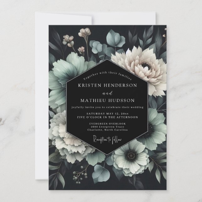 Slate Teal Floral Noir Wedding Invitation (Front)