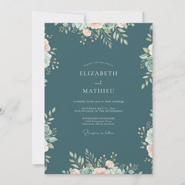 Slate Teal Foliage Eucalyptus Wedding Invitation (Front)