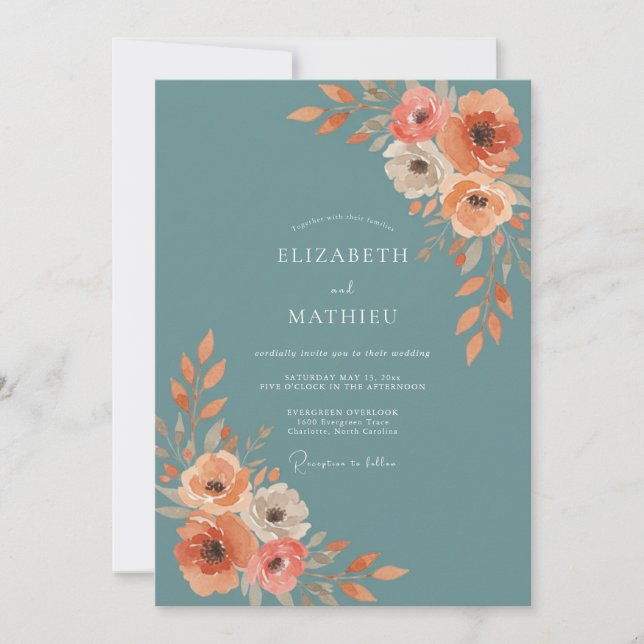 Slate Teal Poppy Wedding Invitation (Front)