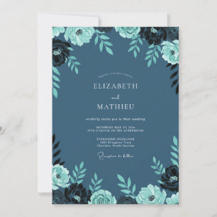Slate Teal Ranunculus Eucalyptus Wedding Invitation