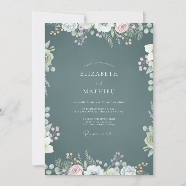 Slate Teal Wildflower Wedding Invitation (Front)