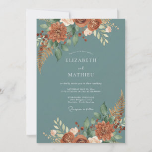 Slate Terracotta Dahlia Wedding Invitation