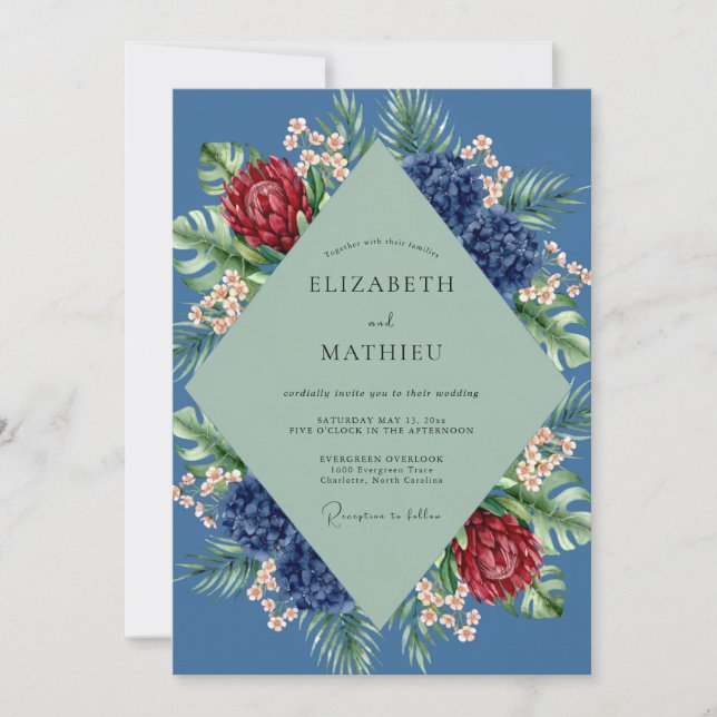 Slate Tropical Protea Eucalyptus Wedding Invitation (Front)