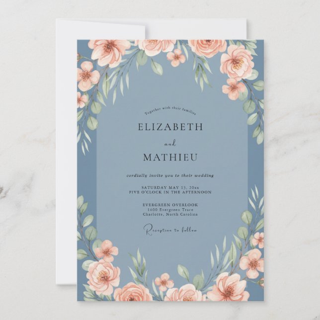 Slate Warm Coral Peony Wedding Invitation (Front)