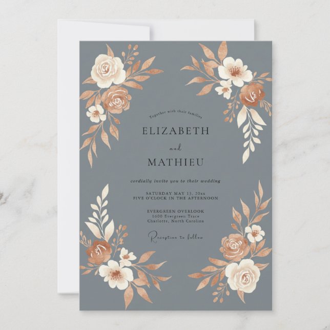 Slate Warm Terracotta Petal Wedding Invitation (Front)