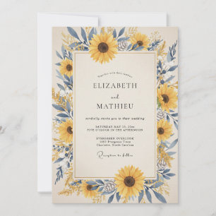 Slate Yellow Sunflower Eucalyptus Wedding Invitation