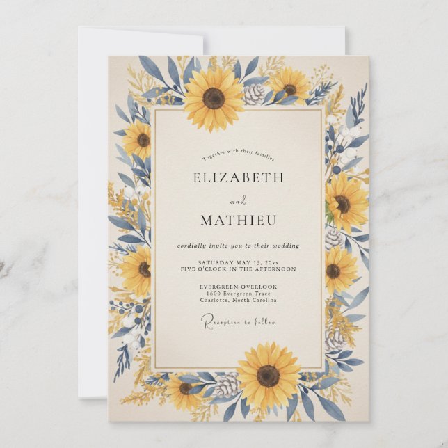 Slate Yellow Sunflower Eucalyptus Wedding Invitation (Front)
