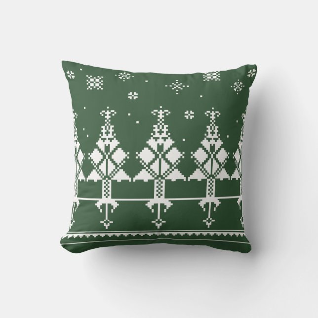 Slavic Folk Art | Winter Forest Green and White Cushion (Front)