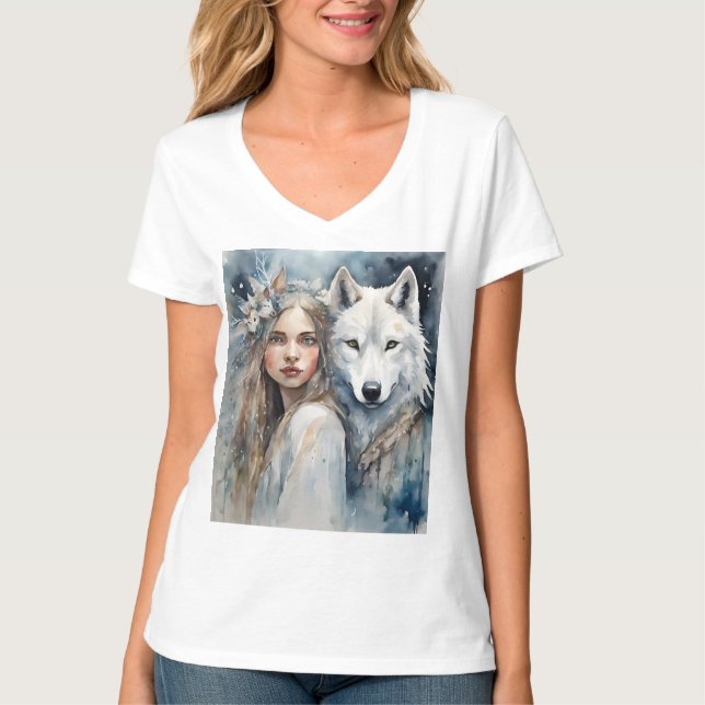 Slavic girl and white Wolf  T-Shirt (Front)