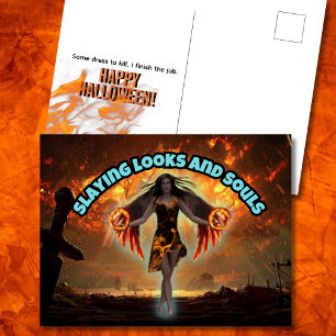 Slaying Looks and Souls Fiery Halloween Holiday Postcard