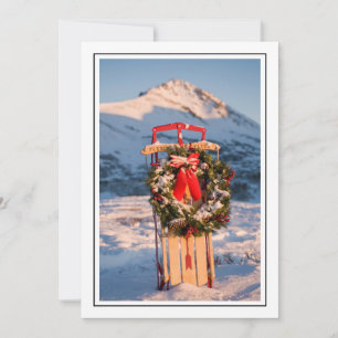 Sled in Snow with Christmas Wreath Holiday Card