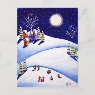 Sled Riders Under Moon Winter Folk Art Post Cards