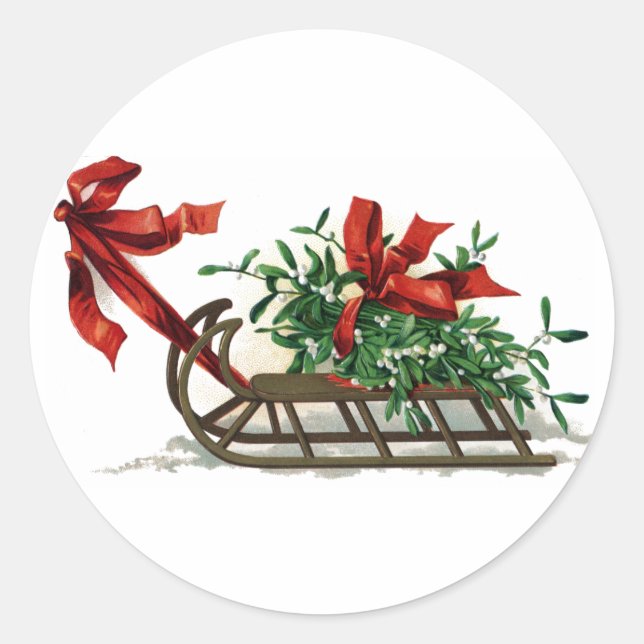 Sled with Bunch of Mistletoe Tied in Red Ribbon Classic Round Sticker (Front)