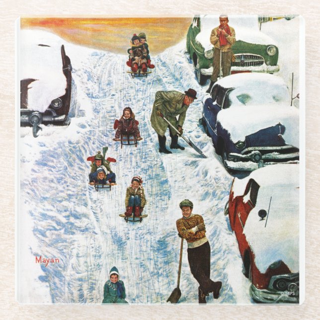 Sledding and Digging Out Glass Coaster (Front)