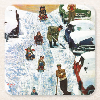 Sledding and Digging Out Square Paper Coaster