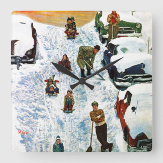 Sledding and Digging Out Square Wall Clock