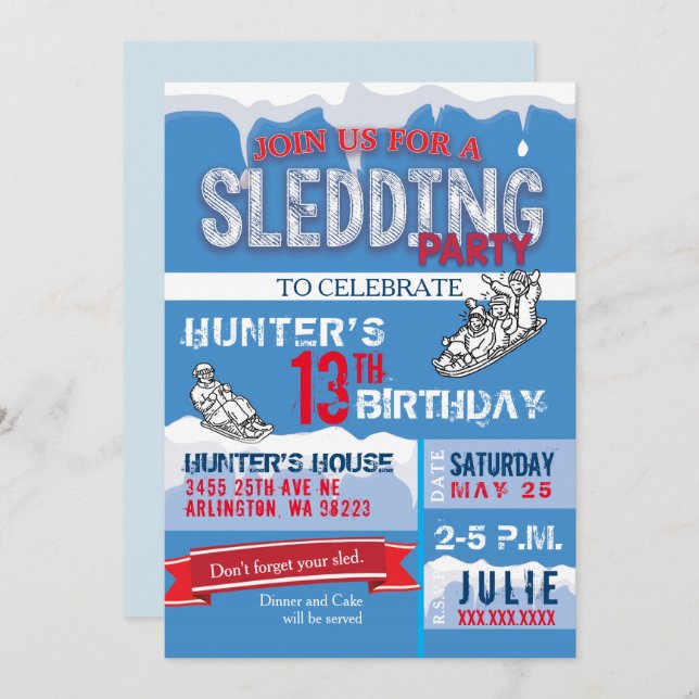 Sledding Birthday Party Invitation (Front/Back)