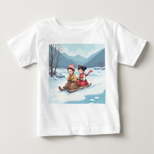 sledding children baby T-Shirt (Front)