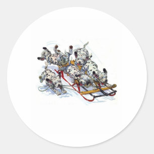 Sledding Dalmatian Pups Classic Round Sticker