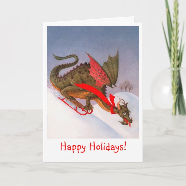 Sledding Dragon Happy Holidays Holiday Card (Front)