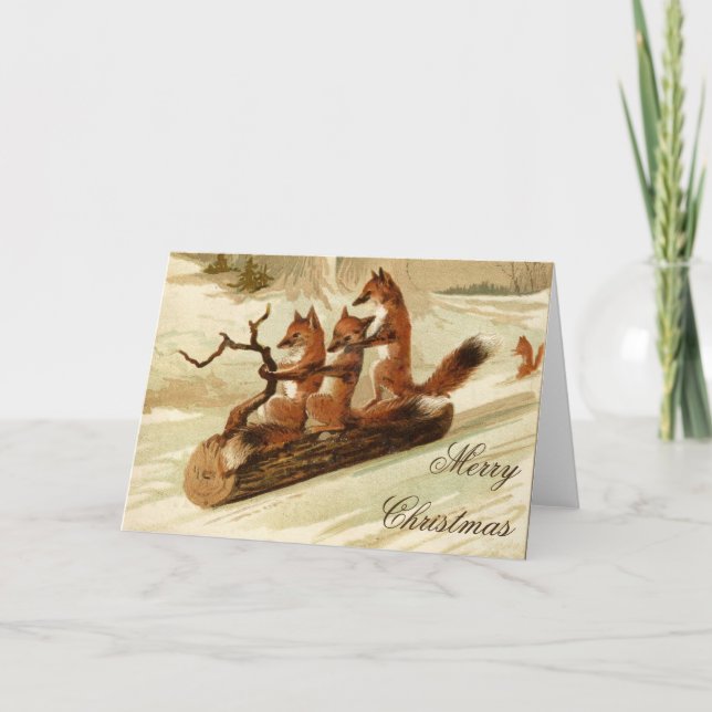 Sledding Foxes Vintage Merry Christmas Card (Front)