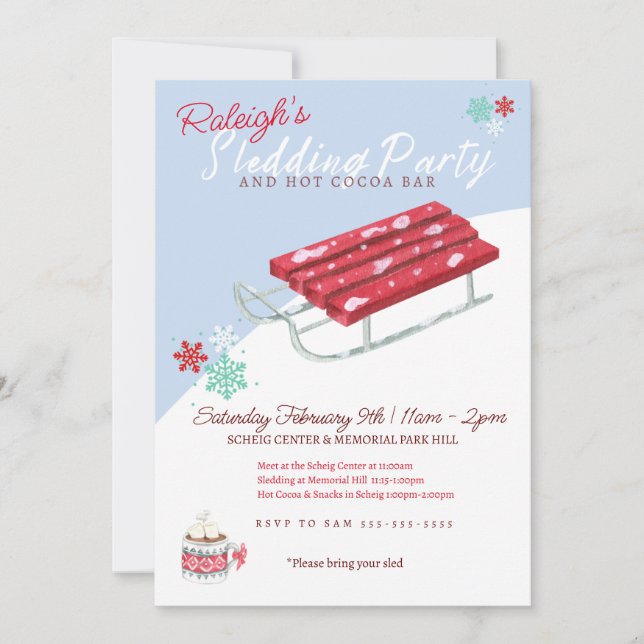 Sledding Hot Cocoa Kids Winter Birthday Invite (Front)