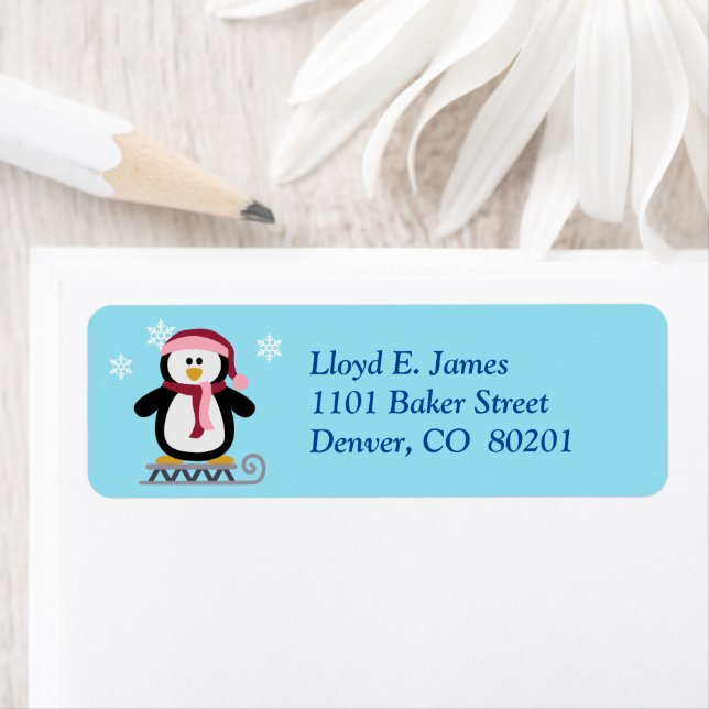 Sledding Penguin Christmas Return Address (Insitu)