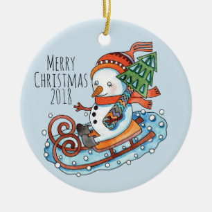 Sledding Snowman Circle Ornament