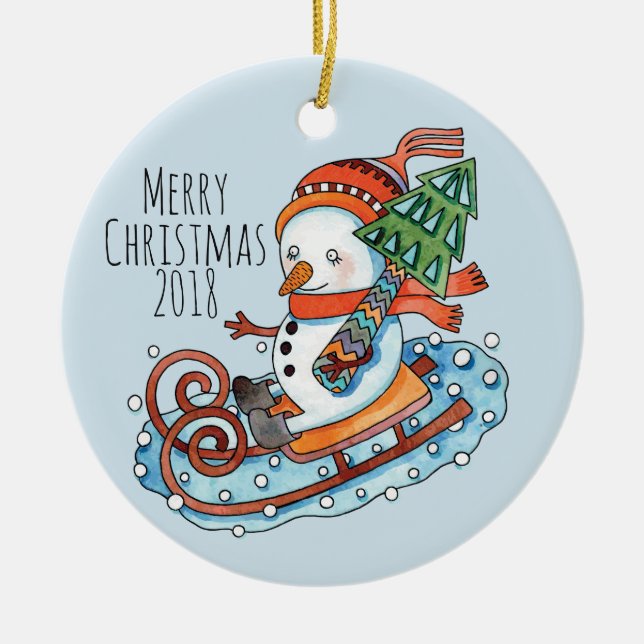 Sledding Snowman Circle Ornament (Front)