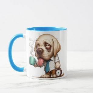 Slee[y Dog with cup of coffee