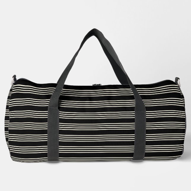 Sleek Black and Cream Horizontal Stripes Minimalis Duffle Bag (Front)