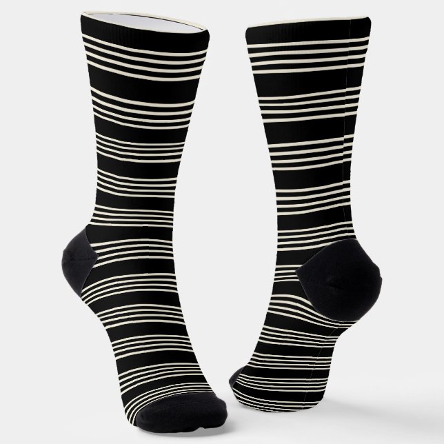 Sleek Black and Cream Horizontal Stripes Minimalis Socks (Angled)