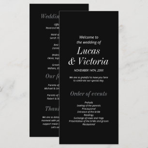 Sleek Black and White Minimalist Wedding Program 