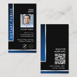 Sleek Black Blue Notary Logo Photo QR Code Business Card